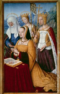 Porträt von Anne von Bretagne (1477-1514), Königin von Frankreich, im Gebet mit ihrer heiligen Schutzpatronin St. Anne, St. Helene und St. Ursula Miniatur aus „Die großen Stunden von Anne von Bretagne“ von Jean Bourdichon (1457-1521) 1503-1508. Paris, B.N. von Jean Bourdichon