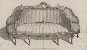 Canapé à Jouë im malerischen Stil, veröffentlicht Mitte der 1770er Jahre (Gravur auf Büttenpapier) von Jean Charles (after) Delafosse