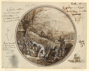 Entwurf für einen bemalten Porzellanteller, Schneiden und Arbeiten im Weinberg von Jean Charles Develly