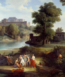 Odyssee von Homer: „Odysseus sieht Nausikaa, die Tochter des Königs Alkinoos, mit ihren Gefährtinnen Ball spielen“ (Detail). Gemälde von Jean Charles Remond (1795-1875) 1830 Nantes, Musée des Beaux-Arts
