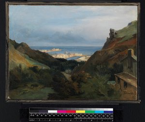 Italienische Landschaft mit Blick auf einen Hafen, vor 1875