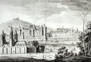 Ansicht der Abtei Saint-Germain-des-Prés, des Louvre, Petit Bourbon, Montmartre und der Seine im Jahr 1410, graviert von Antoine Herisset (1685-1769)