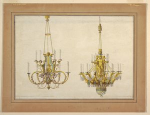 Entwurf für zwei vergoldete Bronze-Kronleuchter von Jean Démosthène Dugourc