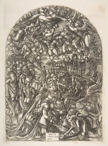 Der Drache mit zwei Hörnern und das Tier mit sieben Köpfen, aus der Apokalypse von Jean Duvet