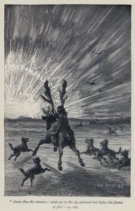 "Fort flogen die Rentiere, während am Himmel rote Lichter wie Flammen zitterten" (Gravur)