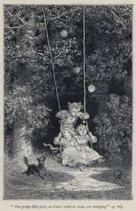 "Zwei hübsche kleine Mädchen, in Kleidern weiß wie Schnee, schaukeln" (Gravur)