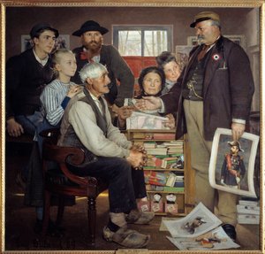 Bäcker-Propagandaszene. Ein Bäcker versucht, einen alten Bauern zu überzeugen, der Partei beizutreten