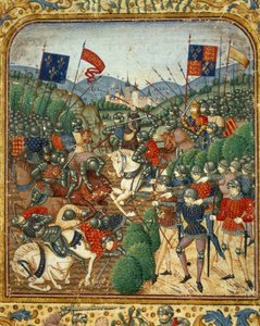 Schlacht von Azincourt (1415). Während des Hundertjährigen Krieges besiegte Heinrich V. von England die französische Armagnacs-Partei - in „Grandes Chroniques de France“ von Jean Fouquet, um 1467 - 1476. Victoria & Albert Library