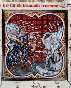 Schlacht von Kortrijk zwischen Philipp IV. dem Schönen (1268-1314) und den Flamen, sogenannte Schlacht der Goldenen Sporen 11.07.1302. Miniatur aus 