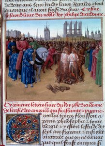 Verurteilung und Folterung der Amauricianer (Anhänger von Amaury de Chartres, französischer Philosoph und Theologe des 12. Jahrhunderts) in Anwesenheit von Philipp II., genannt Philipp August (1165-1223). Manuskript „Grandes Chroniques de France“ (Folio 23