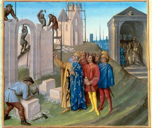Bau des Palastes von Aachen (796-805) durch Karl den Großen (742-814), der die Baustelle überwacht. Rechts wird Pippin der Bucklige (770-811) Mönch. Miniatur aus „Les Grandes Chroniques de France“ illuminiert von Jean Fouquet (1420-1481) von Jean Fouquet