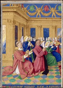 Étienne Chevalier und sein Schutzheiliger Stephanus, Miniatur aus den Stunden des Étienne Chevalier von Jean Fouquet