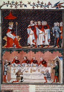 Einführung des Ordens des Sterns durch Jean le Bon und Bankett im Jahr 1352 Miniatur aus „Die großen Chroniken von Frankreich“ von Jean Fouquet, 1455-1460