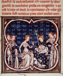 König von Frankreich Philipp I. (1052-1108) mit seiner Frau Berthe von Holland und ihren Kindern Constance von Frankreich (1078-1125) und Ludwig VI. (1081-1137). Miniatur aus „Les grandes chroniques de France“ (ms. fr. 2813 fol. 182) 1375-1380 Paris, B.N.
