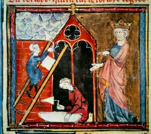 Ludwig VI. der Dicke (1081 - 1137) überwacht den Bau eines Gebäudes. Miniatur in „Grandes chroniques de France“ von Jean Fouquet (1420-1481)