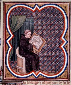 Primas schreibt die großen Chroniken Frankreichs in der Abtei von Saint Denis. Miniatur aus dem Manuskript von Jean Fouquet (1420 - 1481) „Grandes Chroniques de France“. Paris, BN