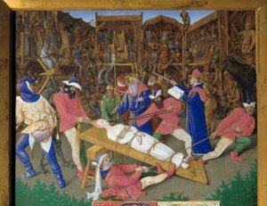 Die Gelübde der Heiligen. Martyrium der Heiligen Apolline. Die christliche Heilige Apolline von Alexandria wird 249 n. Chr. von den Heiden gefoltert. Die Henker ziehen ihr an den Haaren und brechen ihr die Zähne. Kaiser Dece ist ein Zuschauer. Detail einer