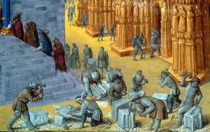 Der Bau des Jerusalemer Tempels durch König Salomo Detail, das die Steinmetze darstellt. Miniatur aus dem Manuskript „Die jüdischen Altertümer“ von Flavius Josephus (37-100) illustriert von Jean Fouquet (1425-1481)