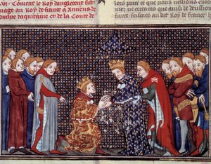 Der Tribut von König Edward III. von England (1312-1377) an Philipp VI. von Valois (1294-1350), König von Frankreich, im Jahr 1330. Miniatur aus „Les grandes chroniques de France“ von Jean Fouquet (1420-1481)