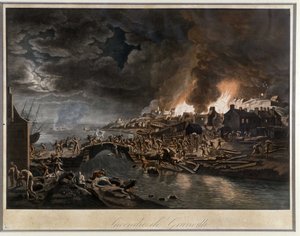 Granville in Flammen belagert von den Vendéens, basierend auf einem Gemälde von J. François Hue, ca. 1800.