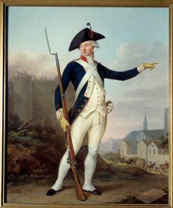 Französische Revolution: „Porträt en pied des Bürgers Nau Deville in Uniform der Nationalgarde (im Hintergrund der Abriss der Bastille)