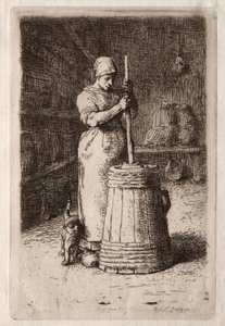 Eine Frau beim Buttern