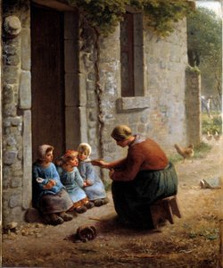 La becquée oder Bäuerin füttert ihre Kinder