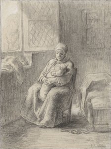 Sitzende Frau mit Baby an einem offenen Fenster von Jean Francois Millet