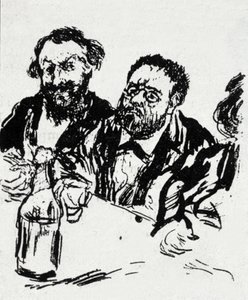 Der Maler Edouard Manet und der Schriftsteller Emile Zola am Tisch. Karikatur von Jean Francois Raffaelli