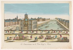 Blick auf die Wasserpumpe Samaritaine auf der Pont Neuf über die Seine in Paris