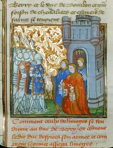 Drei Magistrate von Limoges in zeremoniellen Roben überreichen dem Herzog von Berry die Schlüssel der Stadt von Jean Froissart