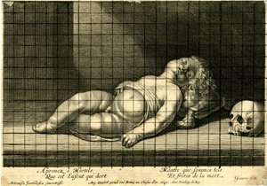 Jean Ganière - Kind schläft mit dem Kopf auf einem Kissen; Schädel rechts. 1640 von Jean Ganière