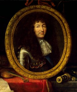 Porträt von Ludwig XIV., König von Frankreich (1638-1715), Beschützer der Künste und Wissenschaften. Das Porträt des Königs ist umgeben von Musikinstrumenten (Viola da Gamba, Violine, Gitarre) und wissenschaftlichen Instrumenten (Quadrat, Himmelsglobus, Ko