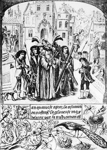 Fabelhafter Ursprung des Burgunderkreuzes, Etienne, ein legendärer König von Burgund, pilgert zu St. Victor von Marseille, dem er das Kreuz des heiligen Andreas aus Dankbarkeit zu St. Maria getragen hat von Jean Georges after Huyot