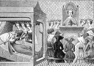 Die drei Tugenden, Vernunft, Aufrichtigkeit und Gerechtigkeit, drängen Christina de Pisan (um 1364-1410) ein Buch der Ethik für die Unterweisung der Damen zu schreiben, Illustration aus Wissenschaft und Literatur im Mittelalter