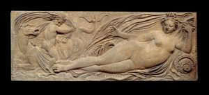 Nymphe und kleiner Genius reiten auf einem Meerespferd; Nymphe und Triton umgeben von zwei kleinen Genien. Flachrelief. Steinskulptur von Jean Goujon (1510-1567)