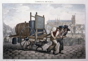 Ehemaliger Straßenberuf in Paris: Bad zu Hause (zwei Männer ziehen einen Wagen mit einem Fass voller Wasser). Gravur von Jean Henry Marlet (1771-1847) in „Les Tableaux de Paris“, Serie von 72 Drucken, späte 19. Jahrhundert.