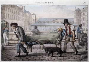 Altes Straßenhandwerk in Paris: Der arme Patient wird von den Trägern ins Krankenhaus gebracht. Gravur von Jean Henry Marlet (1771-1847) in „Die Bilder von Paris“, Serie von 72 Drucken, Ende des 19. Jahrhunderts von Jean Henri Marlet
