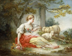 Eine Schäferin, sitzend mit Schafen und einem Korb Blumen in einer bewaldeten Landschaft