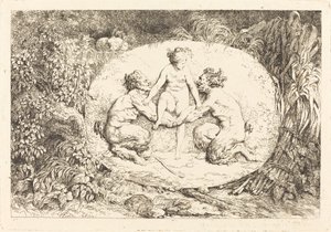 Nymphe, unterstützt von zwei Satyrn