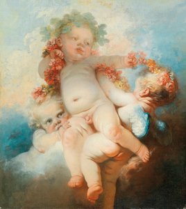 Drei Putti mit Blumen umwunden