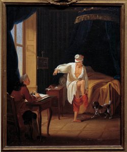 Der Schriftsteller und Philosoph Voltaire (1694-1778) diktiert seinem Sekretär Collini in Ferney