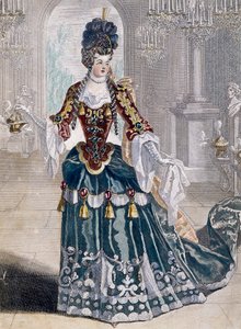 Porträt von Mademoiselle Desmatins (1682-1708), Musikerin an der Oper, Gravur von Jean Berain von Jean I  Berain