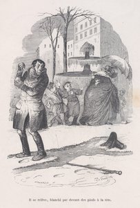 Er steht auf, von Kopf bis Fuß mit Schnee bedeckt. aus den kleinen Elendigkeiten des menschlichen Lebens, 1843 von Jean Ignace Isidore Gérard