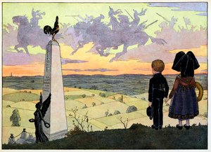 Mein Dorf, die, die nicht vergessen: Das Schlachtfeld (Geisberg-Denkmal mit den zwei Spinner-Kindern, die für Hansi posieren) von Jean Jacques (1873 1951) Waltz