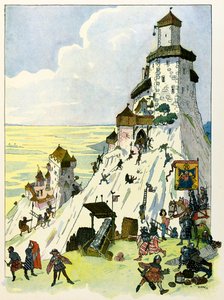 Die Geschichte des Elsass erzählt den Kindern von Onkel Hansi von Jean Jacques Waltz dit Hansi (1873-1951), private Sammlung: Belagerung der Burg Ortenberg 1293; Achtung! Die Nutzung dieses Werkes kann einer Genehmigung Dritter oder zusätzlichen Gebühren u
