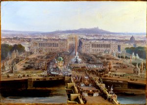 Revolution von 1848: Concorde-Fest am 21. Mai 1848, Abfahrt der Arbeiterkorporationen vom Place de la Concorde zum Champs de Mars. Gemälde auf maroufliertem Papier von Jean Jacques Champin. Paris, Musée Carnavalet