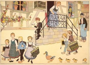 Elsässische Dorfkinder auf dem Weg zur Schule von Jean Jacques Waltz