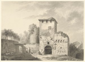Landschaft mit Menschen inmitten von Ruinen