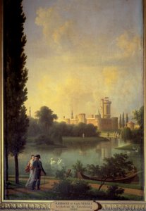 Das Schloss von Laxenburg (Österreich), im Vordergrund der Kaiser von Österreich und die Erzherzogin Marie Louise. Gemälde von Joseph Bidault (1758-1846)